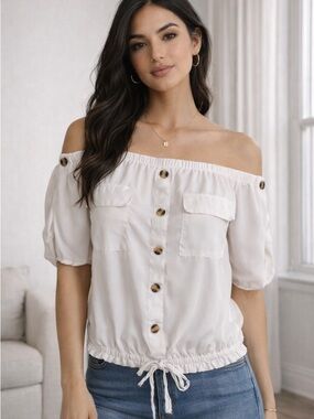Mileage White Off Shoulder Boho Blouse Tie Hem XL